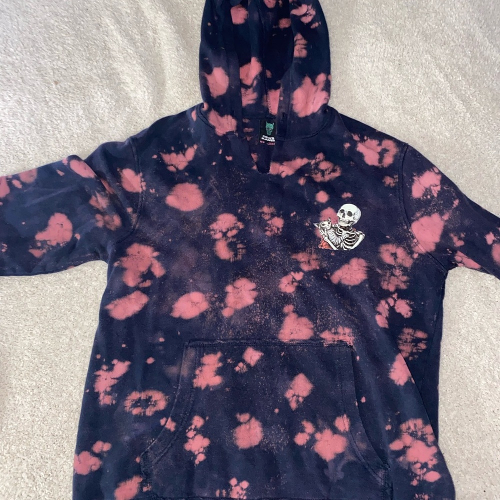 Black and Orange Tie-Dye Hoodie with Skeleton and Kitty Design